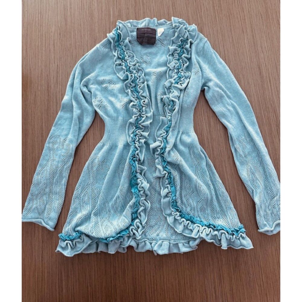 Guinevere Anthropologie Curly Tiered Ruffle Romantic 100% Cotton Cozy Cardigan S - Picture 2 of 8